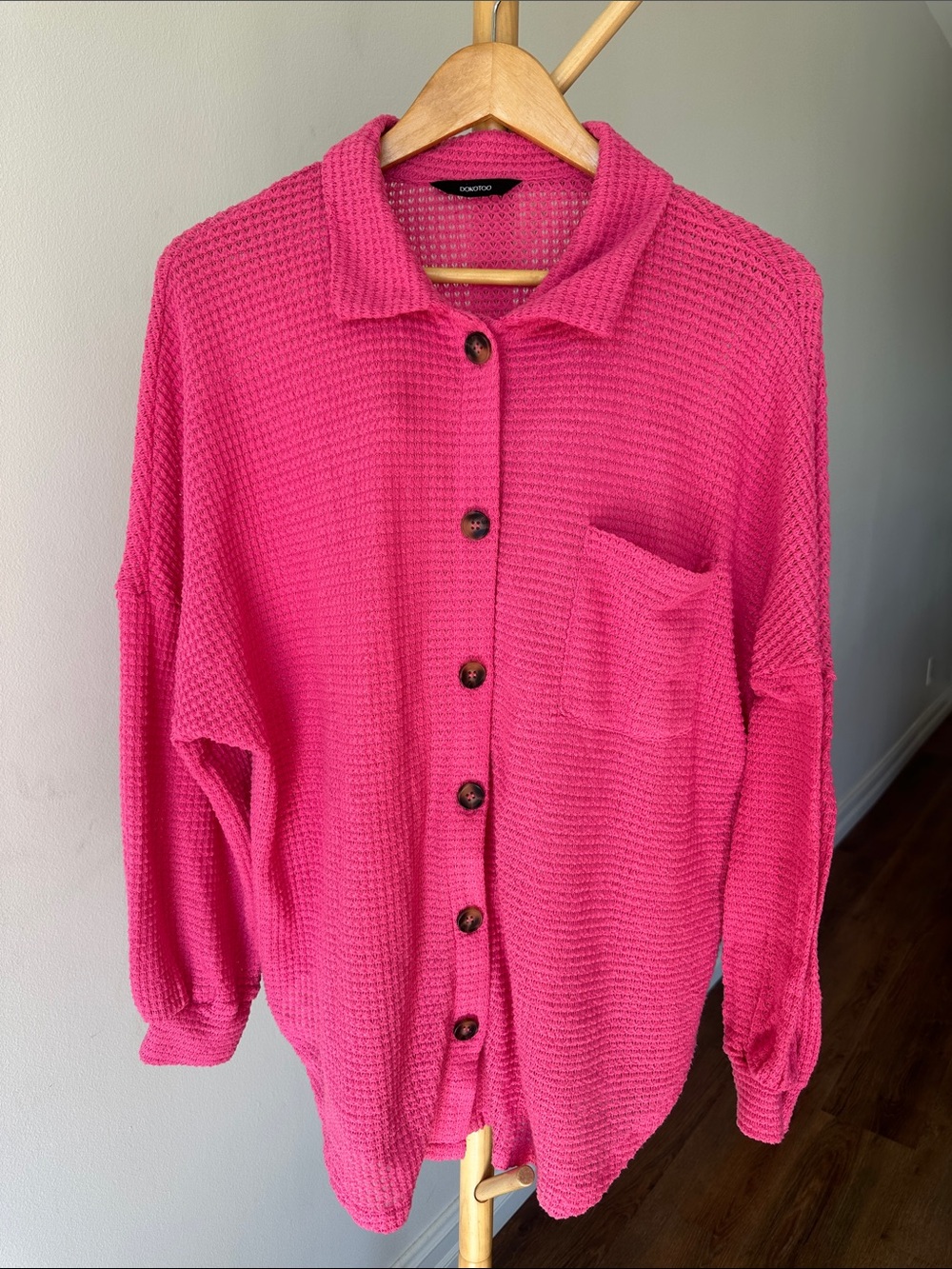 Contempo Casual Hot Pink Button-Down Waffle Shirt